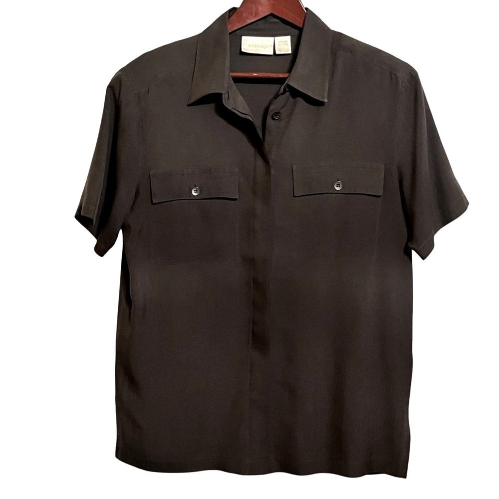 Christie & Jill Dark Green Short Sleeve Button Down 100% Silk Blouse Size M NWOT
